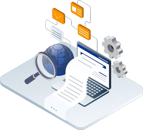 An isometric illustration of a laptop , a magnifying glass , and a piece of paper.