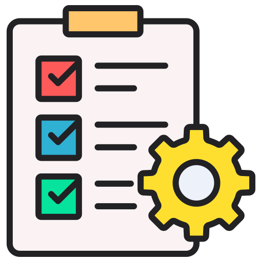 A clipboard with check marks and a gear on it.
