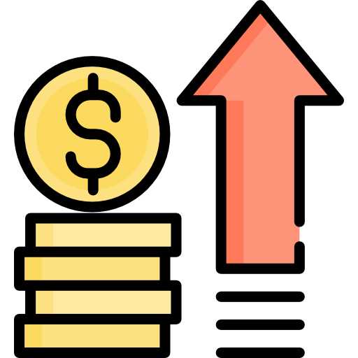 A stack of coins with a dollar sign and an arrow pointing up.