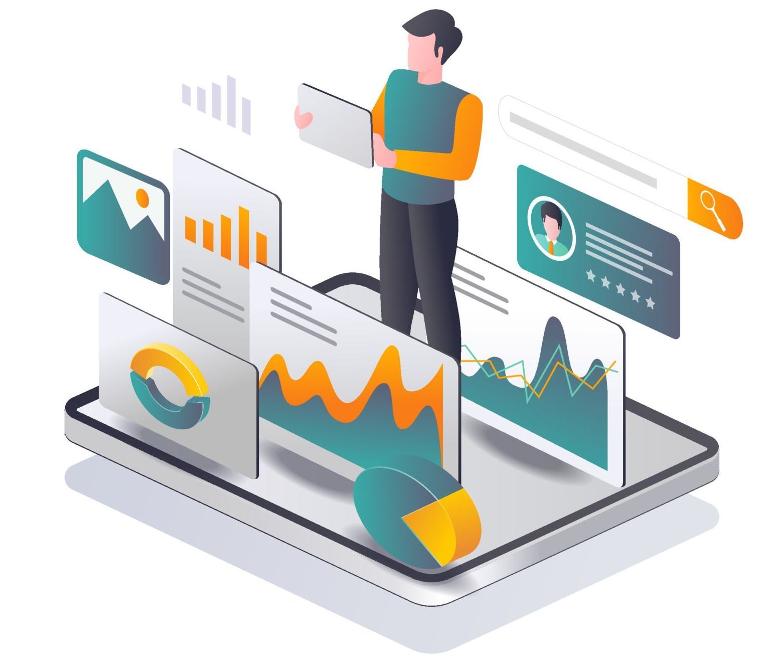 A man is standing on a tablet surrounded by graphs and charts.