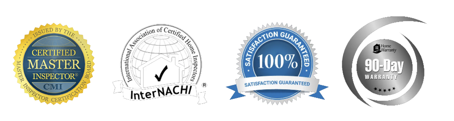 Four certification badges: Certified Master Inspector, InterNACHI, 100% Satisfaction Guarantee, 90-Day Warranty.