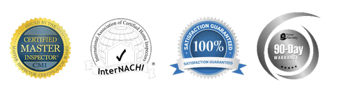 Four certification badges: Certified Master Inspector, InterNACHI, 100% Satisfaction Guarantee, 90-Day Warranty.