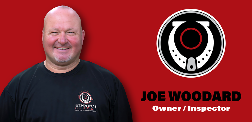 A man is smiling in front of a joe woodard logo