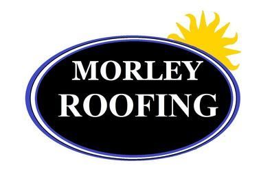 A logo for morley roofing with a sun in the background.