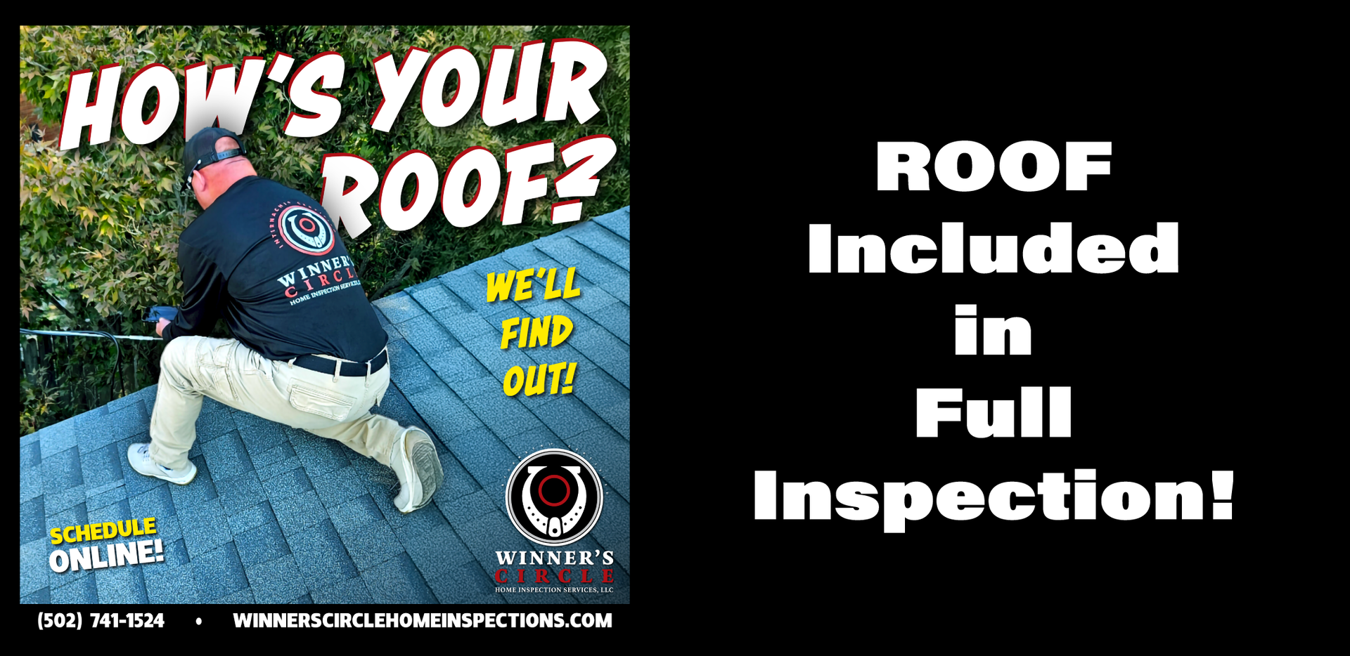 A man is crawling on a roof with the words `` how 's your roof ? ''