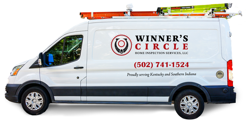 A white van with the word winner 's circle on it