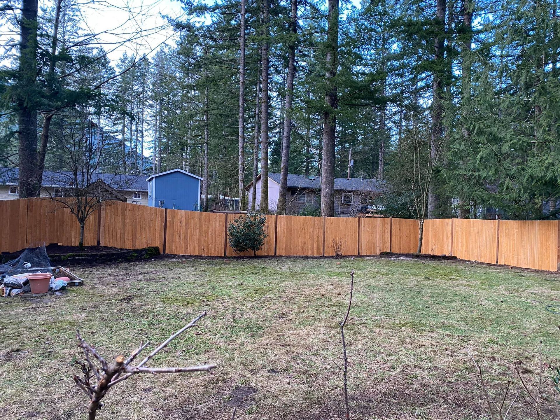 A wooden fence surrounds a backyard filled with grass and trees.