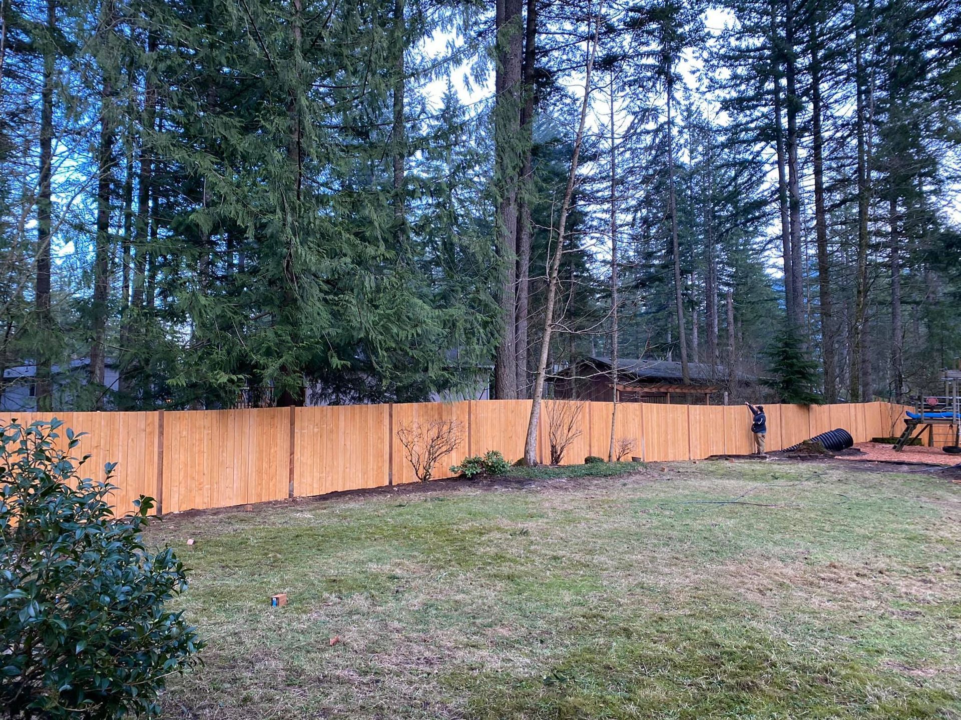 A wooden fence surrounds a backyard filled with grass and trees.