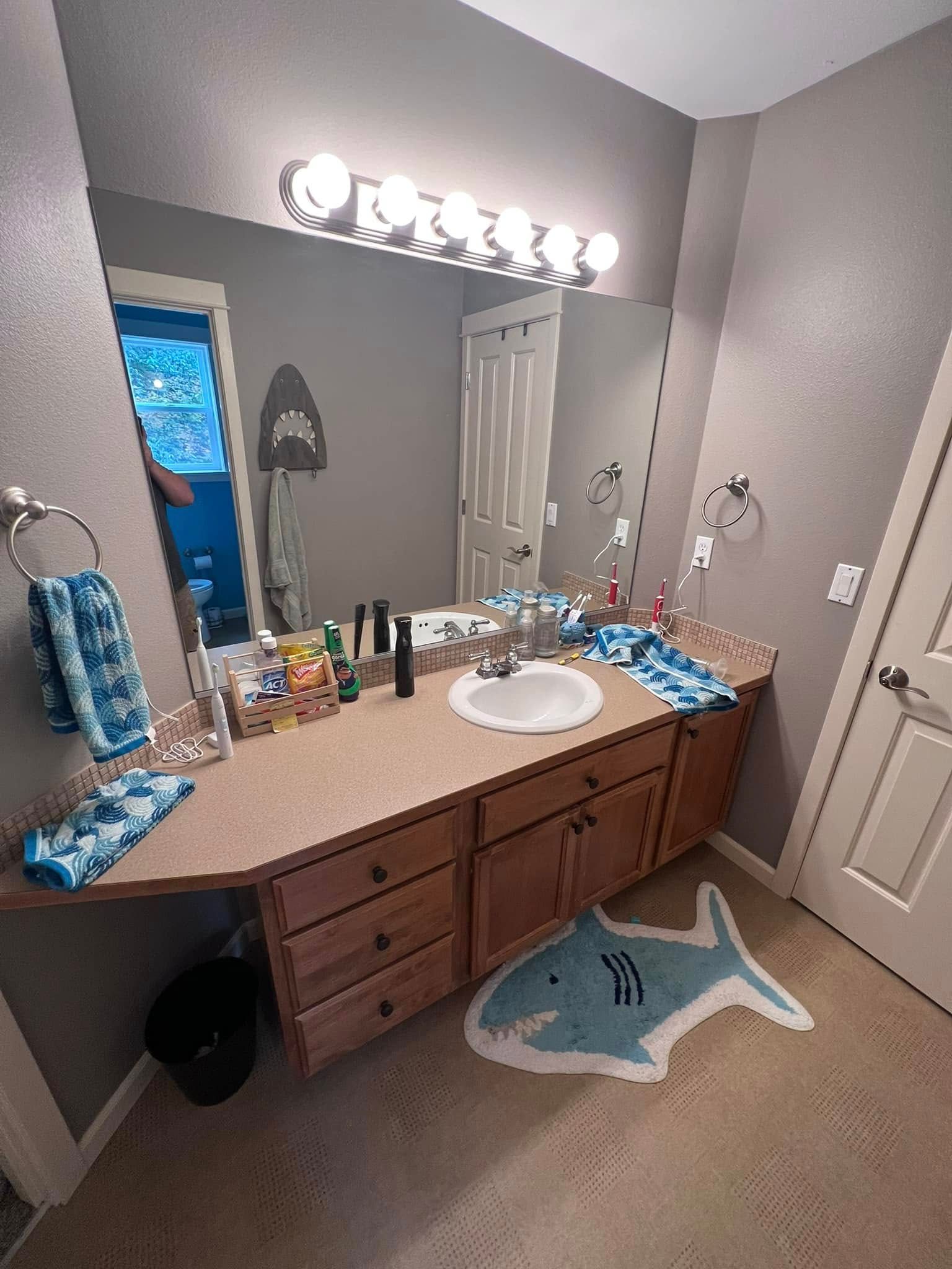 A bathroom with a sink , mirror , and shark rug.
