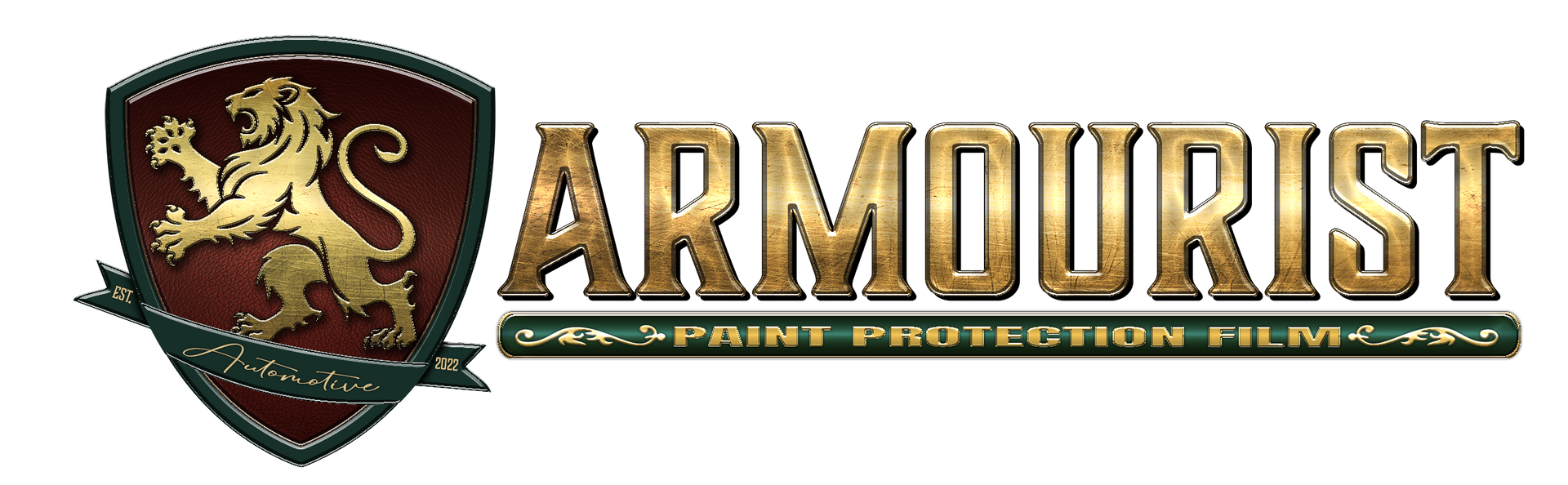 Emblem of a golden lion on a red shield, with dark green border and ribbon reading 