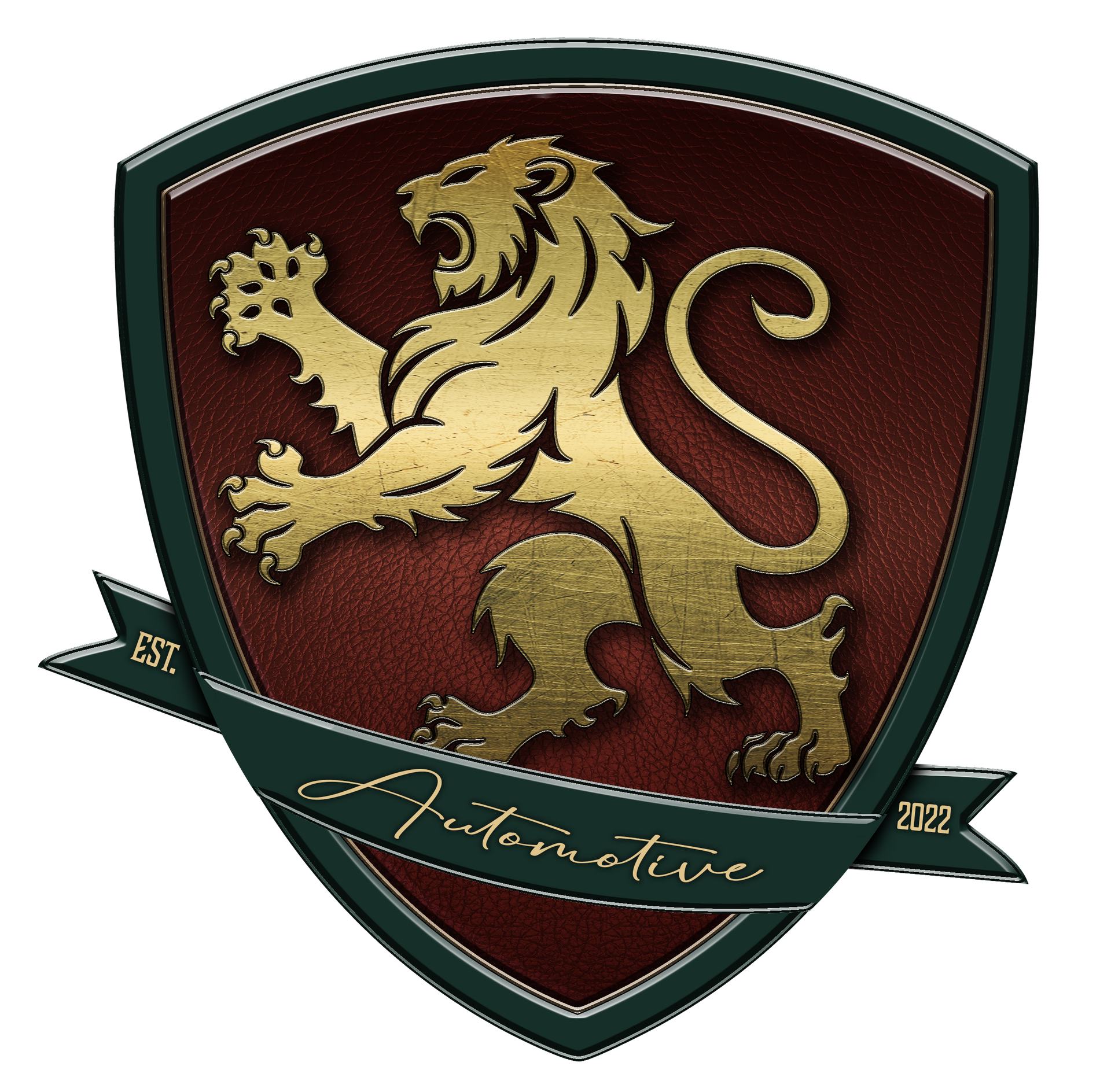 Emblem of a golden lion on a red shield, with dark green border and ribbon reading 