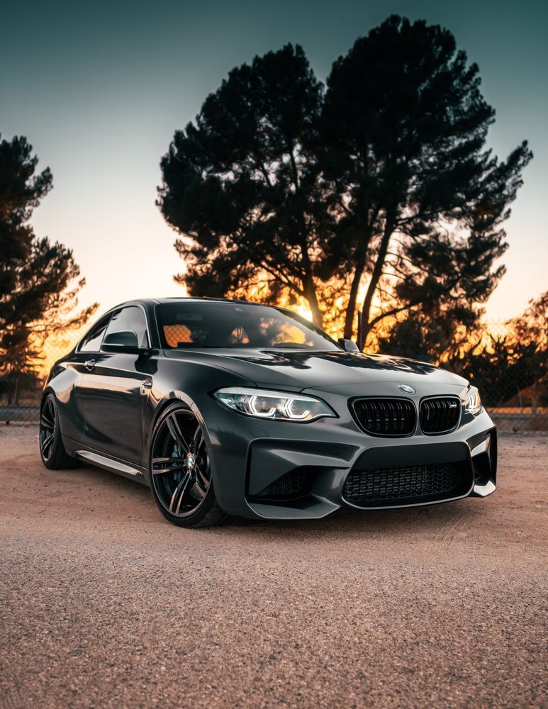 Dark gray BMW M2 coupe parked on gravel with a tree backdrop at sunset.