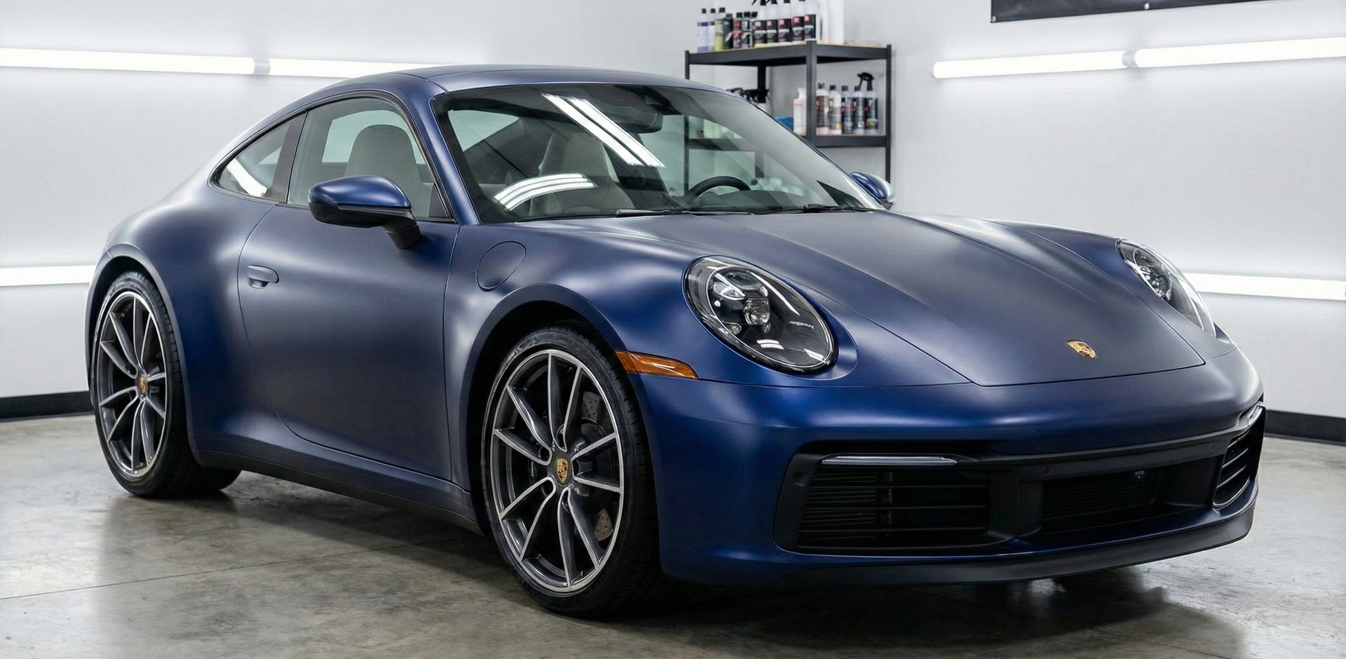 Blue Porsche 911 coupe parked inside a brightly lit garage.