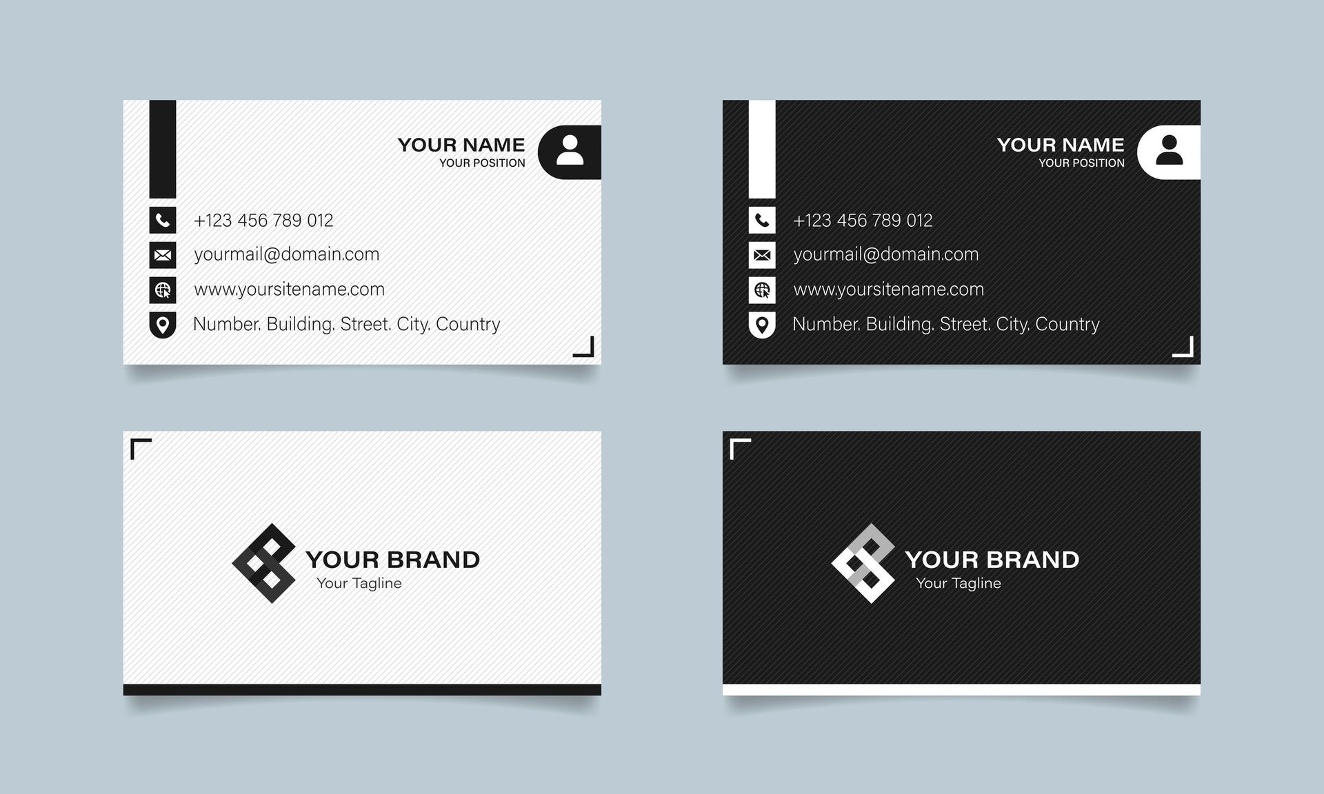 Business card design showing front and back views with black and white color schemes.