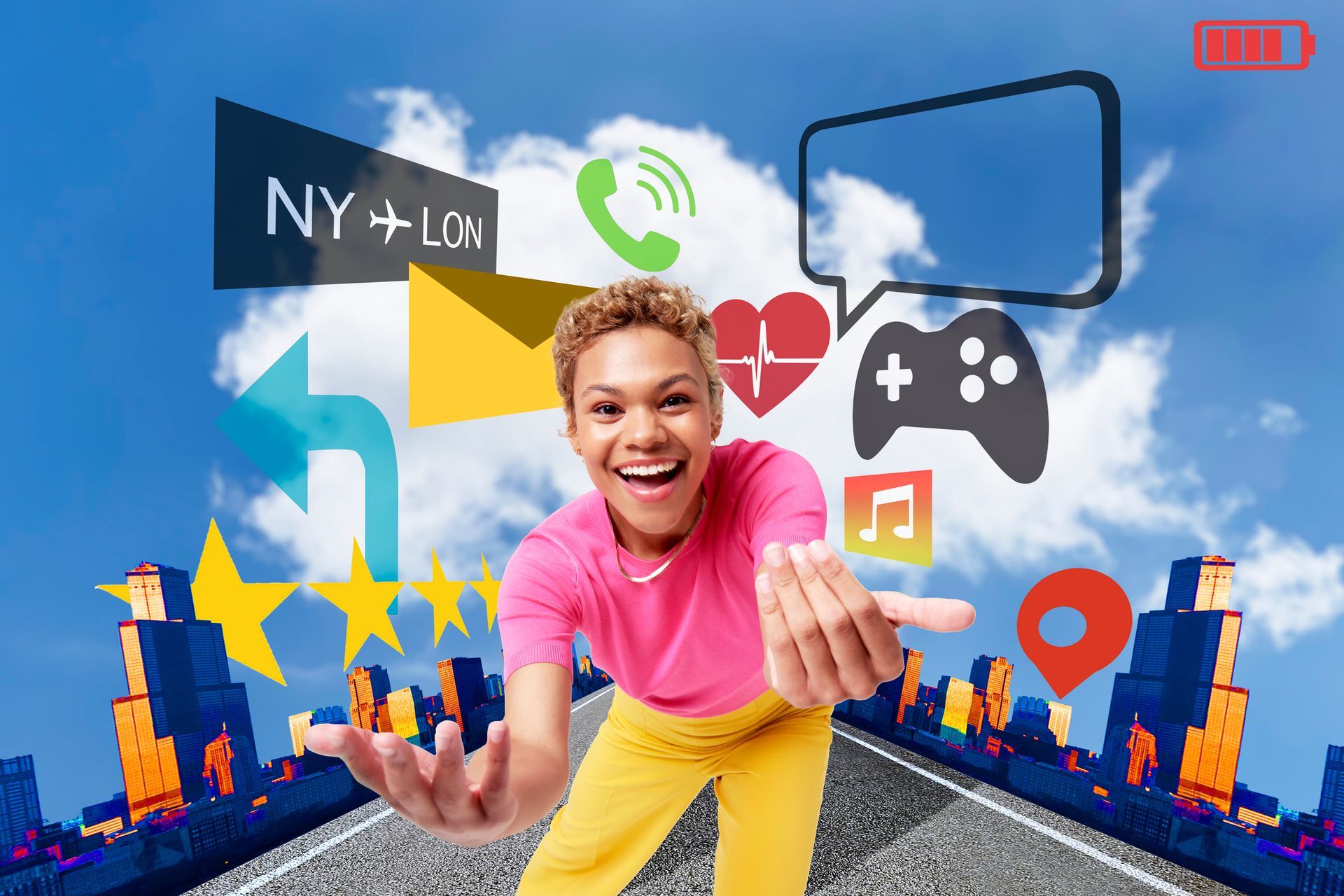 Woman smiling, gesturing toward floating app icons above a road lined with stylized buildings; bright sky background.