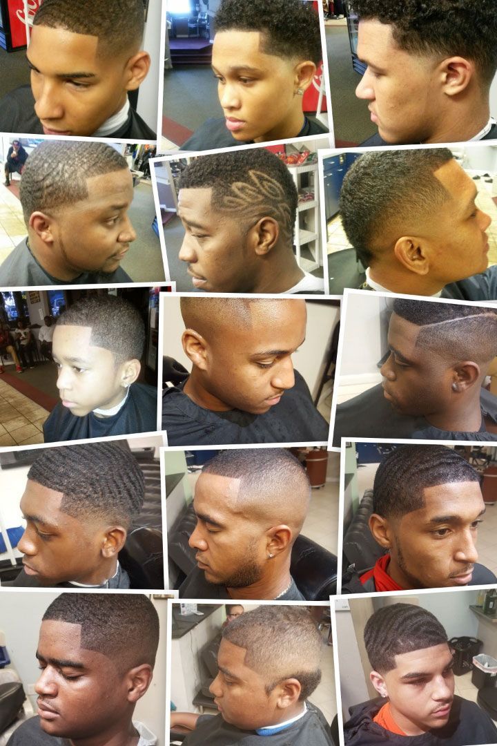 A collage of pictures of men getting their hair cut at a barber shop.