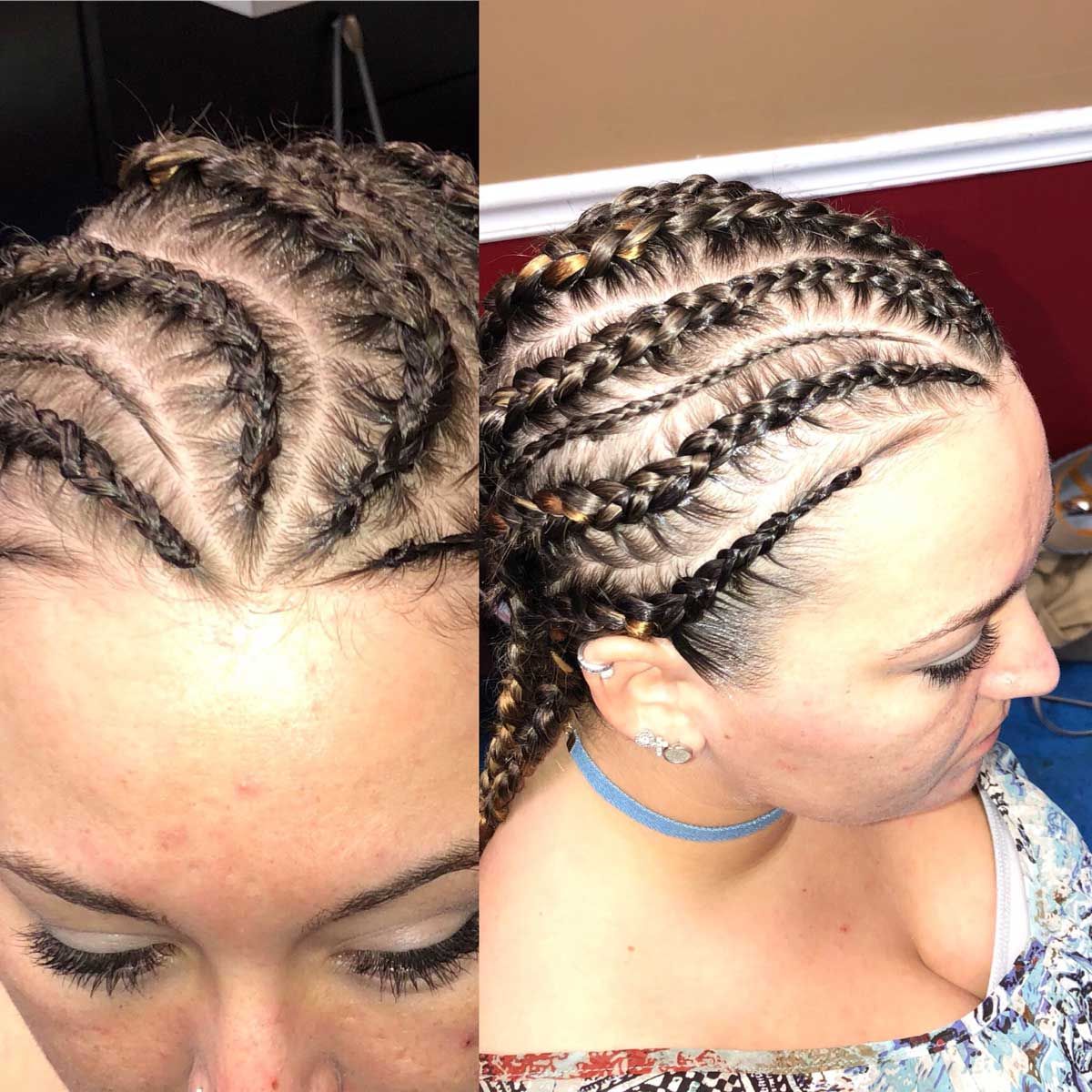 A woman with braids in her hair is wearing a blue choker.