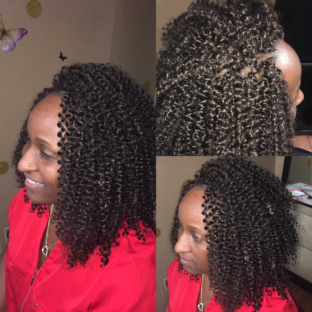 A woman with curly hair is wearing a red shirt and smiling.