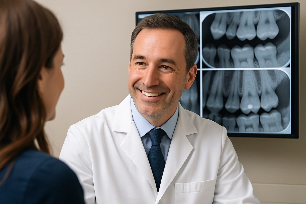 A friendly periodontist in Greenwich, CT, smiles reassuringly at a patient during a consultation, wi