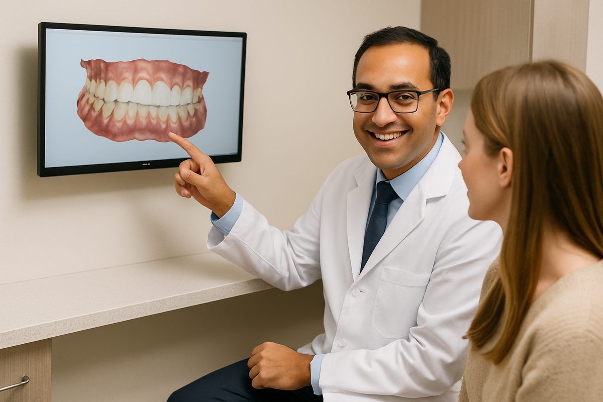A friendly, professional periodontist in Greenwich, CT is consulting with a patient, pointing to a d