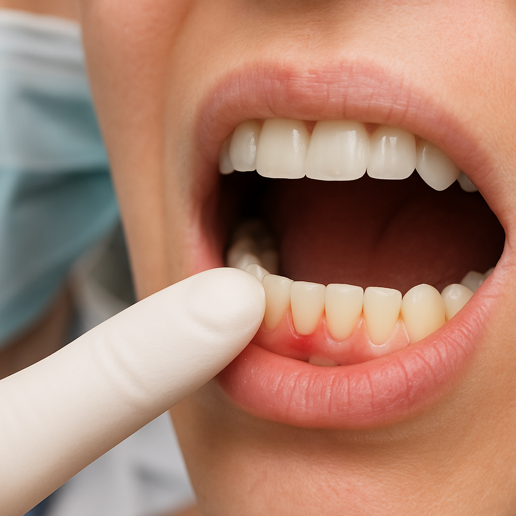 Close-up image of a dentist pointing to a single tooth with receding gums during an examination. No 