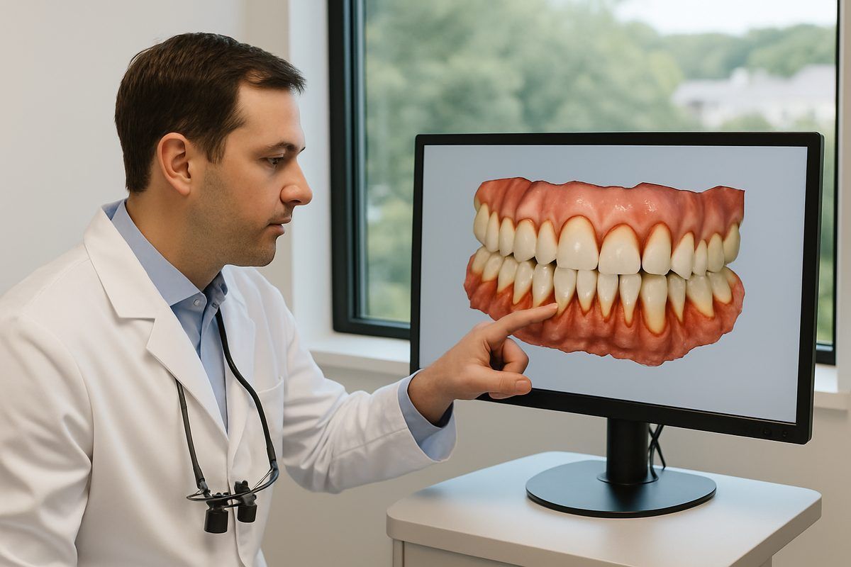 Image of a dentist in Greenwich, CT pointing to a 3D scan of a patient's mouth, highlighting areas a