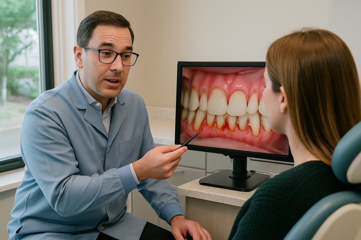 Image of a dentist in Greenwich, CT, pointing to a scan of a patient's mouth that highlights areas a