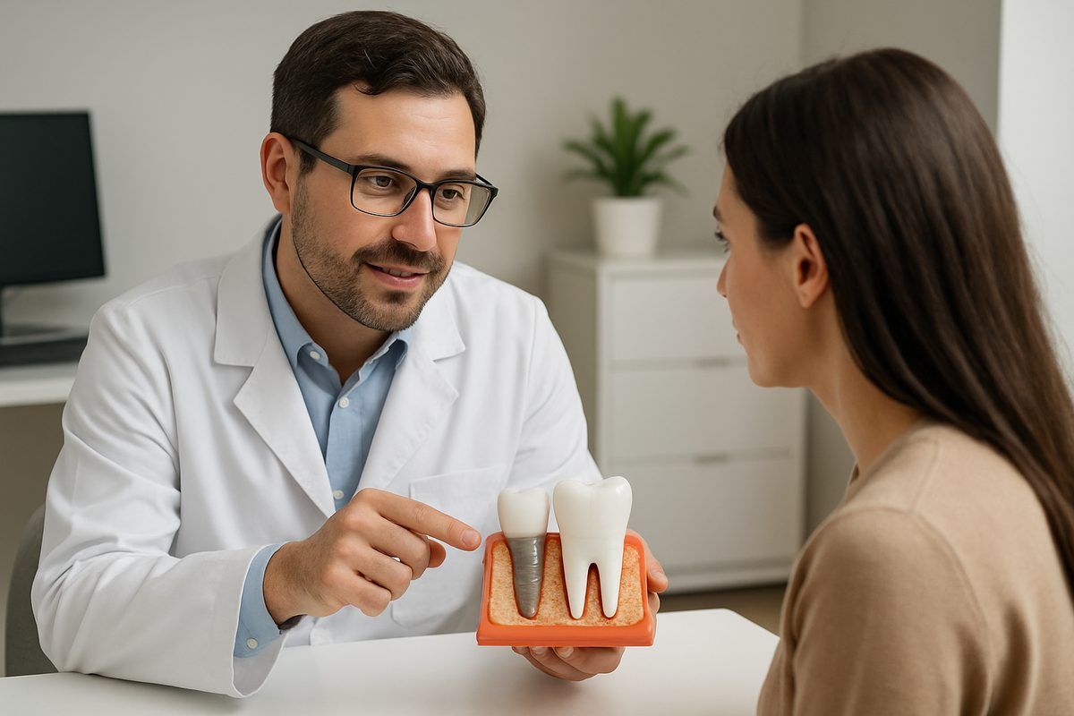 Image of a periodontist consulting with a patient about dental implant options, showing a model of a