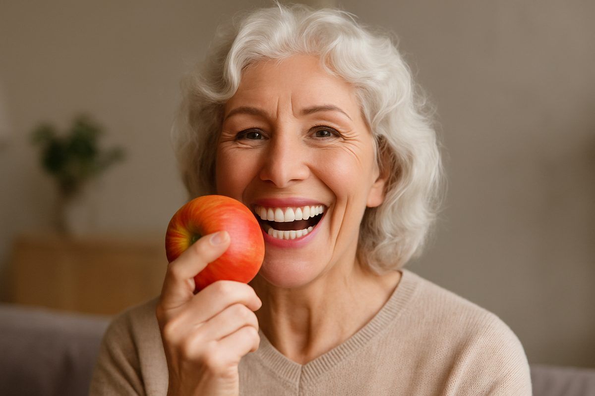 Image of a smiling senior woman with full, white teeth, confidently eating an apple, suggesting the