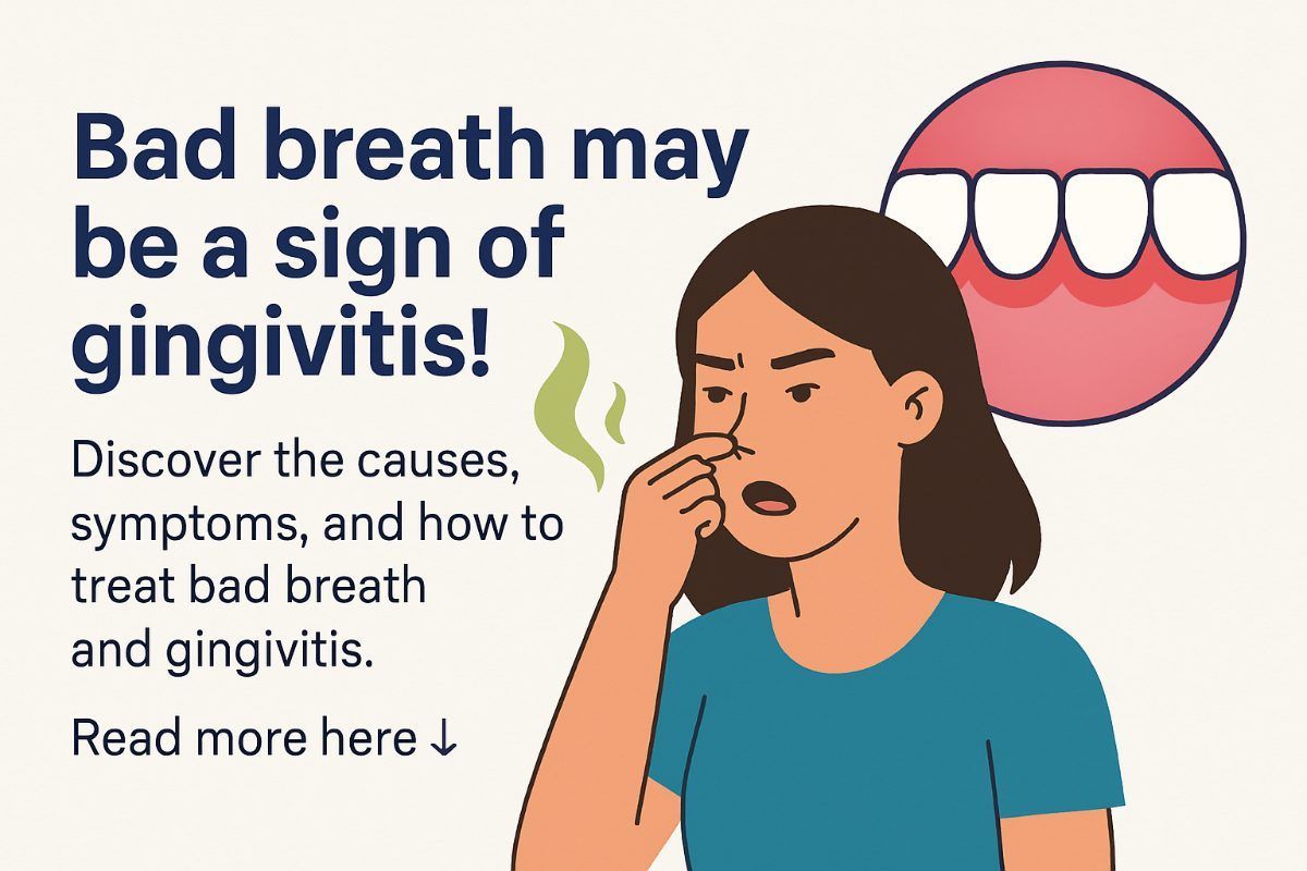 Close up of inflamed gums with visible plaque buildup at the gumline and a distinct bad smell emanat