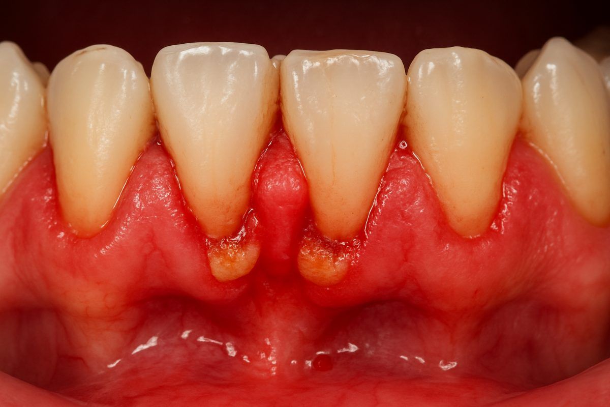 Close-up image of inflamed gums bleeding with a toothbrush indicating poor oral health. No text on i