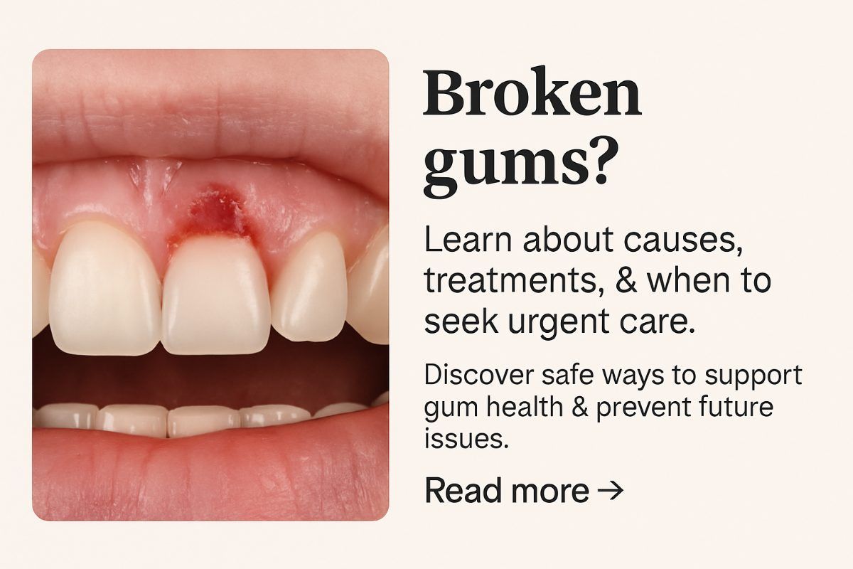 Close-up image of a person's gums with a visible tear or cut. The surrounding gum tissue is red and 