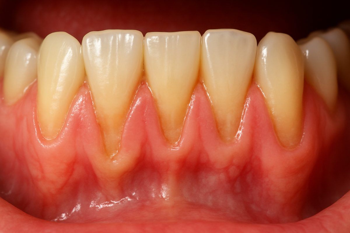 Photo of a dentist examining a patient's gums, with a focus on the gum line and teeth. The dentist i