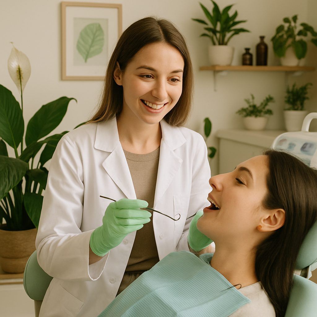 A dentist is pointing to an x-ray of a tooth highlighting the area affected by decay. The image cont