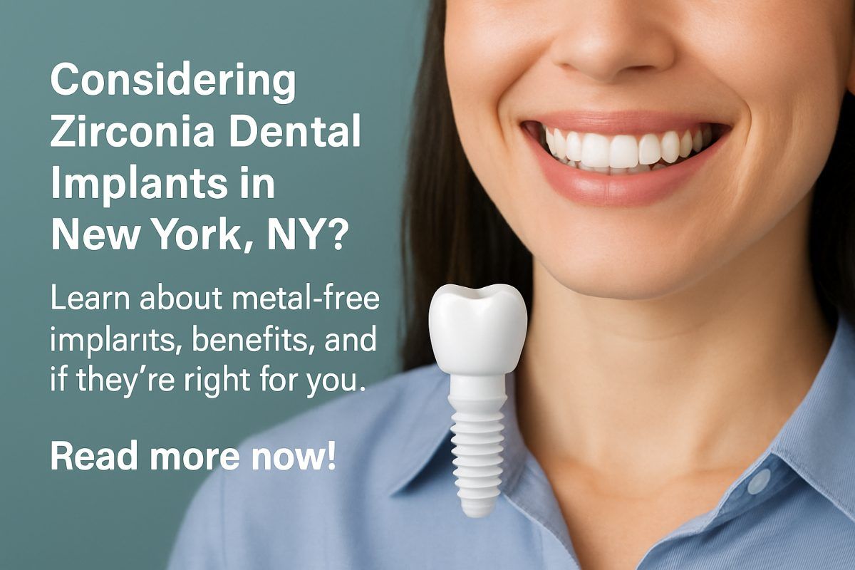 A smiling woman in New York City admires her new zirconia dental implant in a mirror, with the city