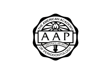 Black and white logo for the American Academy of Periodontology with text and a torch emblem.