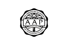 Black and white logo for the American Academy of Periodontology with text and a torch emblem.