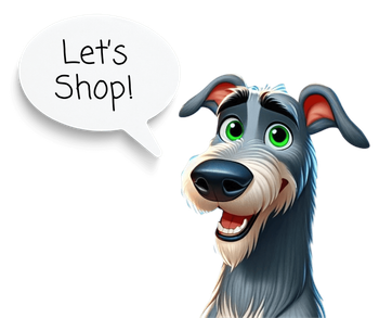 a cartoon dog with a speech bubble that says let 's shop !
