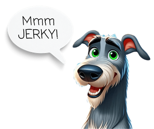 a cartoon dog with a speech bubble that says mmmm jerky !