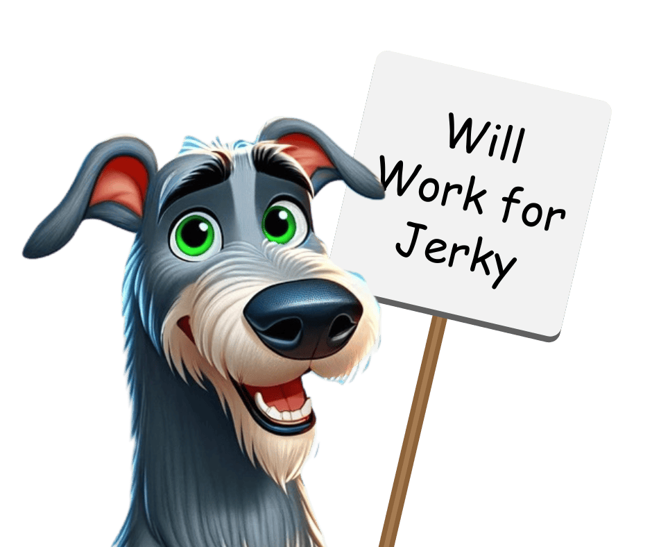 a cartoon dog is holding a sign that says will work for jerky