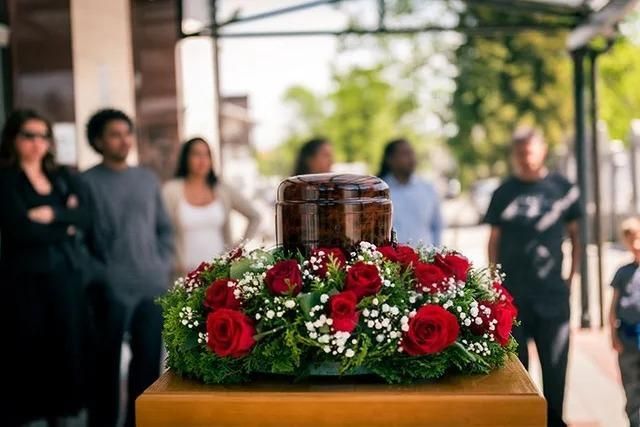 A group of people are standing around a wooden urn surrounded by red roses at a funeral.