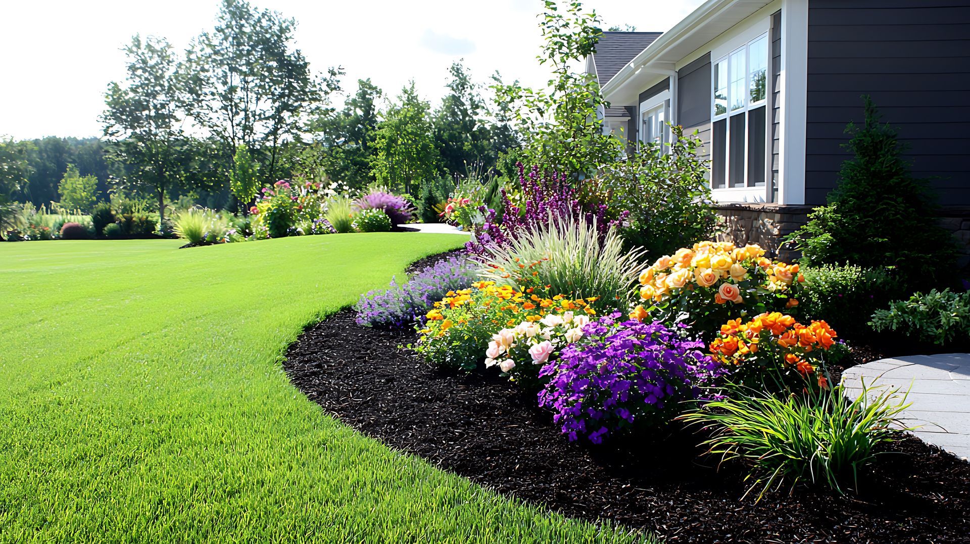 A vibrant garden bed with colorful flowers, edging a lush green lawn next to a house. A vibrant garden bed with colorful flowers, edging a lush green lawn next to a house.