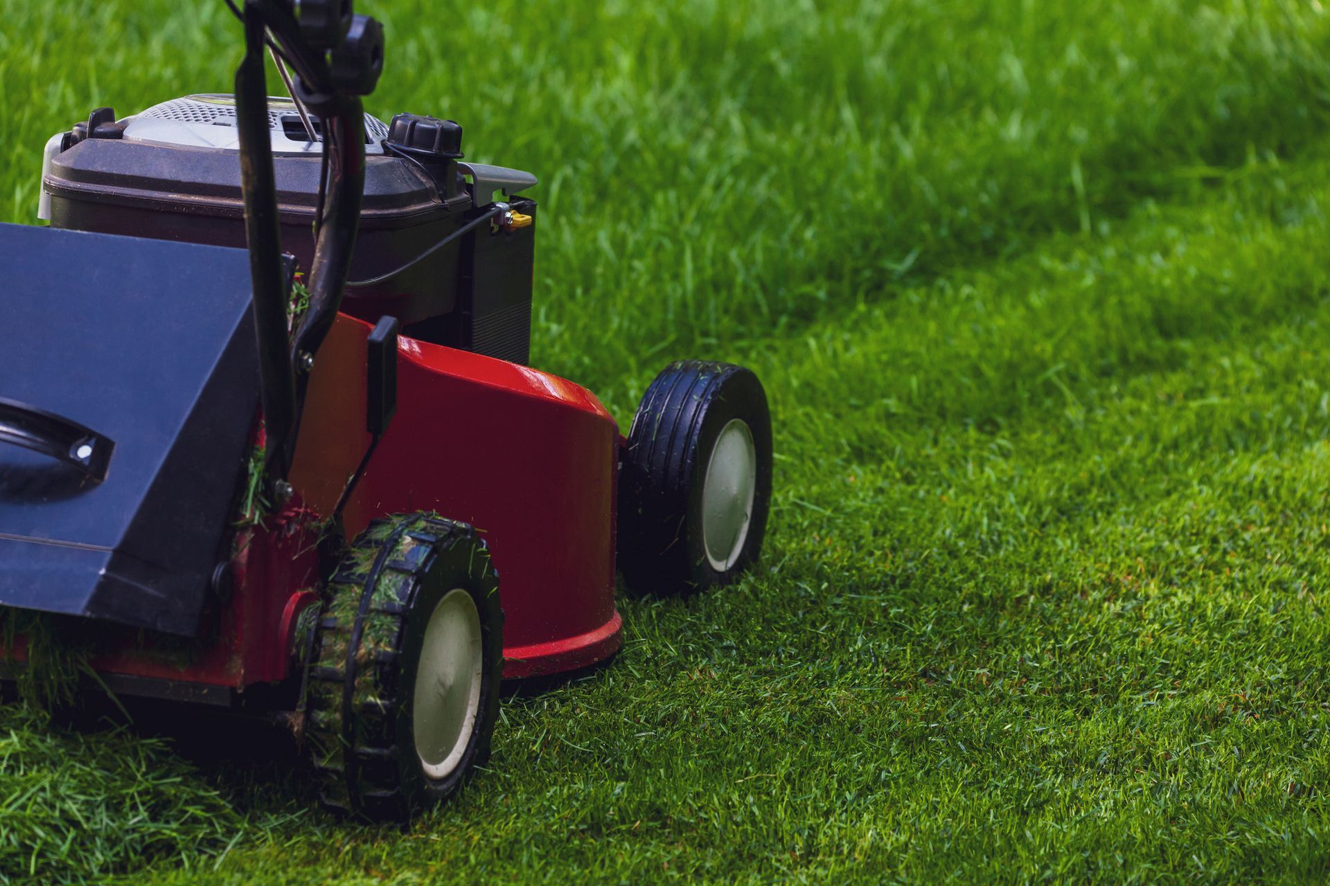 Person mowing a green lawn with a red and black lawnmower in a yard. Person mowing a green lawn with a red and black lawnmower in a yard.