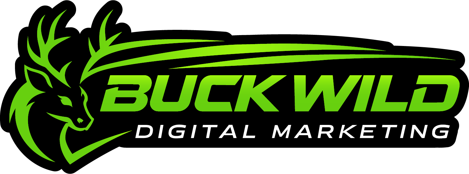 Buck Wild Digital Marketing logo with neon green deer head and black text on white background