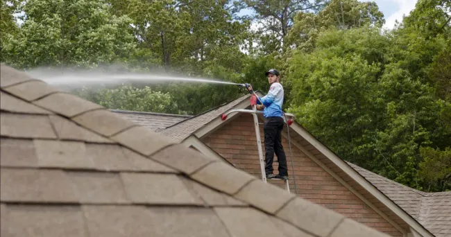 Worker on a roof power washing shingles with a long spray wand.