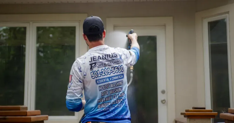 Person spray-paints a wall outside a house, seen from behind in a blue shirt.