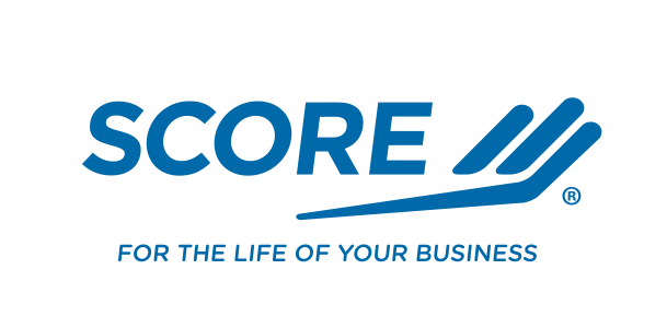 A blue and white logo for score for the life of your business