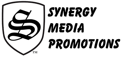 A black and white logo for synergy media promotions.