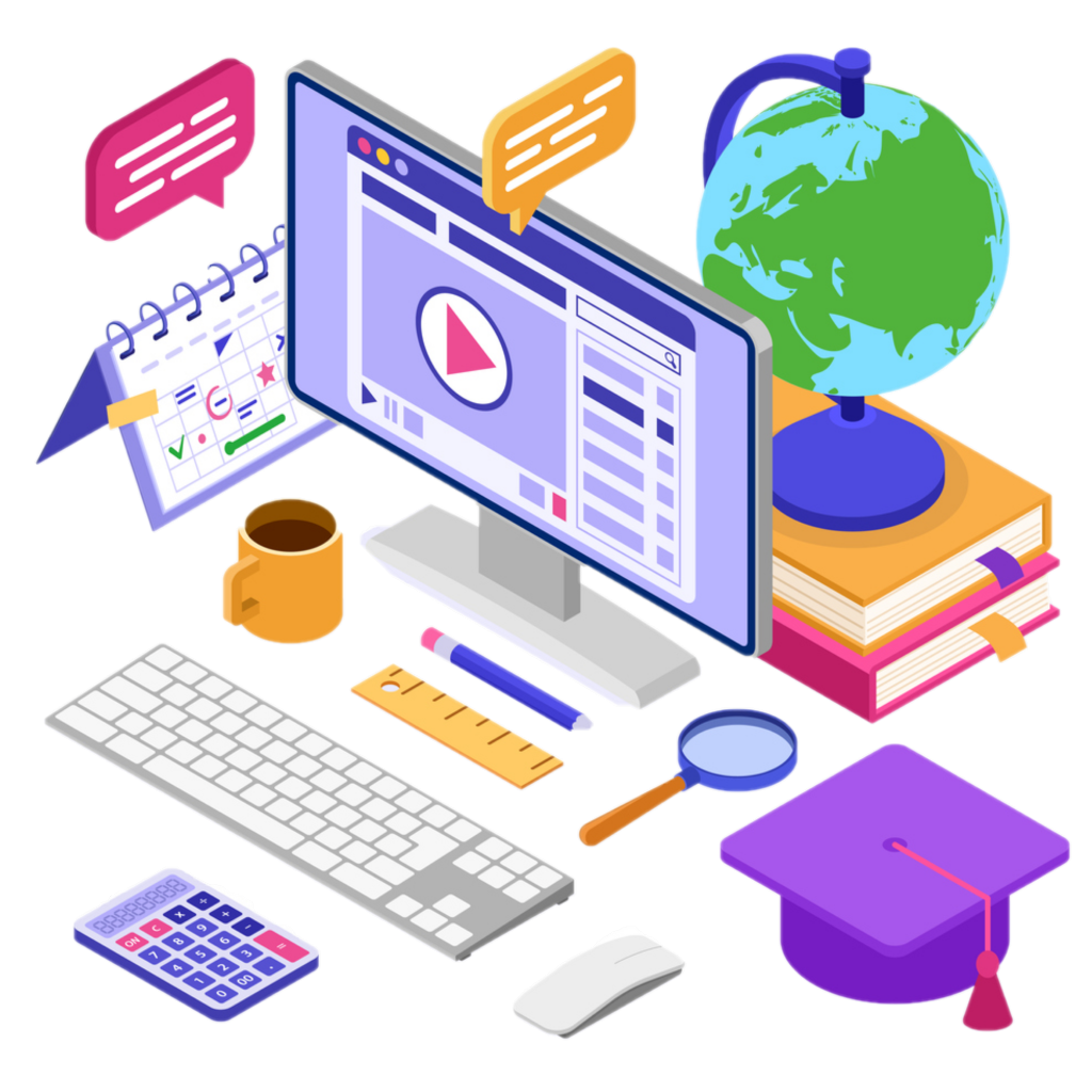 illustration of desk with computer, books, globe, coffee, and calendar