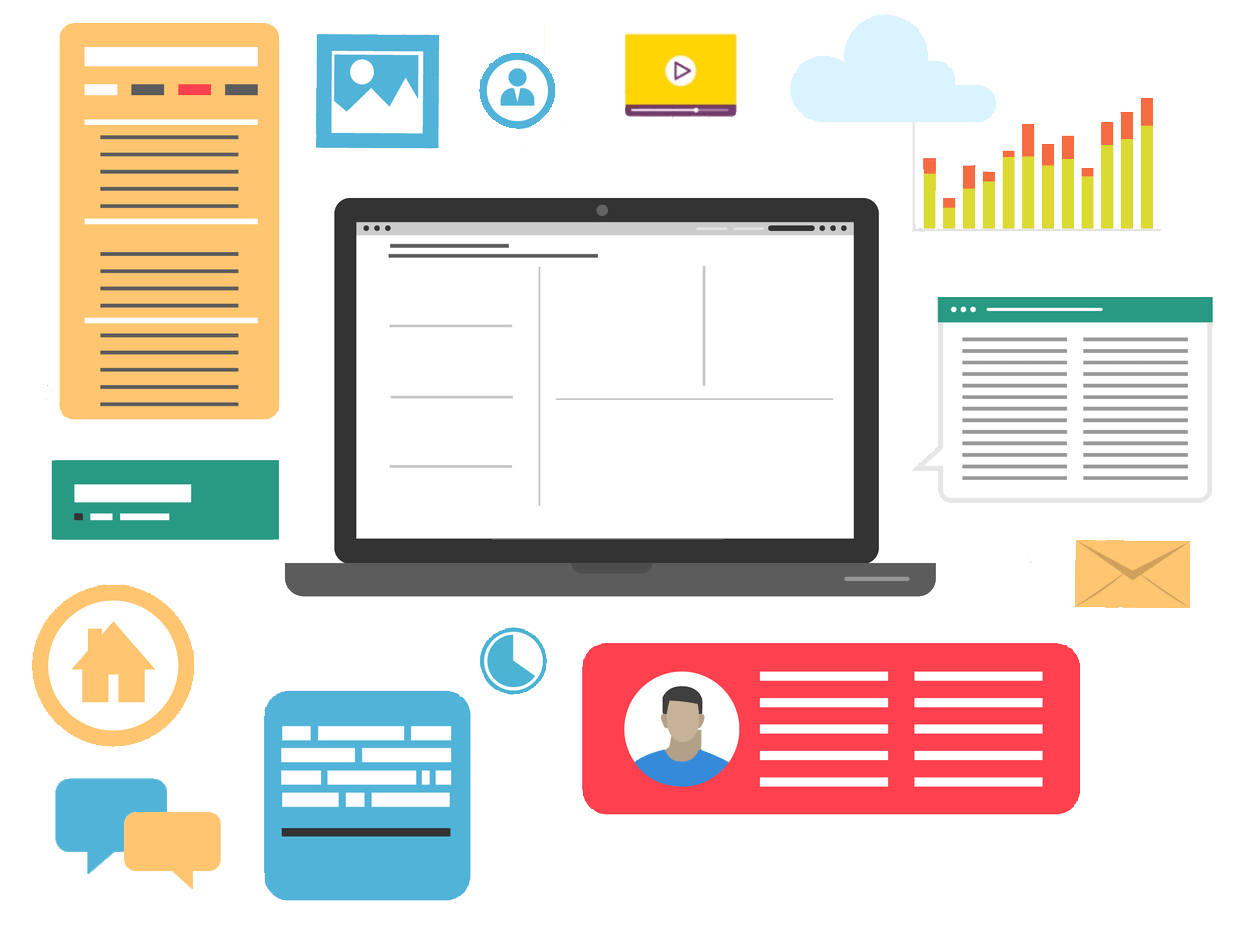 A laptop computer is surrounded by various icons.